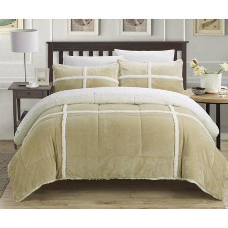 FIXTURESFIRST 7 Piece Cindy Mink Sherpa Lined Queen Comforter Set, Taupe with Sheet Set FI2542243